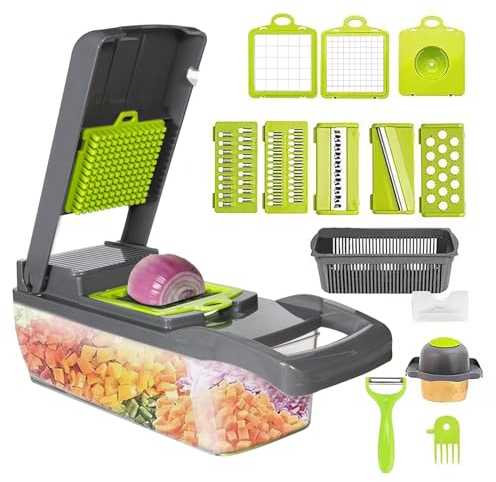 Vegetable Chopper Cutter Slicer Multifunctional 14-in-1 Food Veggie Salad Onion Chopper Cutter Dicer with Container, 8 Interchangable Blades, Hand Protector, Drain Strainer, Peeler, Brush
