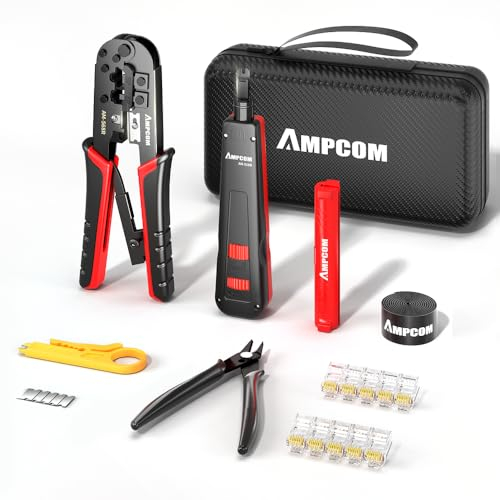 AMPCOM Kit de herramientas de crimpado Ethernet 7 en 1 RJ45/RJ11 para conectores Cat6/Cat5e/Cat5 RJ45 con pelacables de herramienta de perforación 110 en bolsa impermeable portátil
