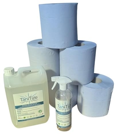 TaniTize Sunbed Sanitiser & Salon Cleaner Spray (5ltr Tub) + Spray Bottle + 6x 2 Ply 500 Wipe Blue Centerfeed Rolls. Alcohol Free, Multi Purpose Cleaner, Kills 99.99% Bacteria in seconds.