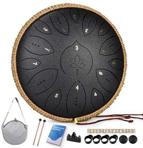 Zungentrommel 13 Zoll 15 Töne, Hand Pan Drums für Erwachsene 440hz, C-Dur Handpan Musikinstrument mit Liederbuch, Schlägeln und Tragetasche, Schwarz