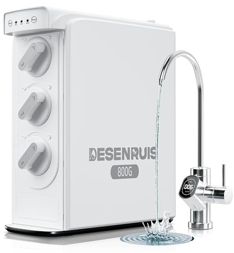 DESENRUIS Reverse Osmosis System, Dual RO Water Filter, 800 GPD Fast Flow, 3:1 Pure to Drain, Tankless Under Sink RO System, Reduce PFAS & TDS, Smart LED Faucet