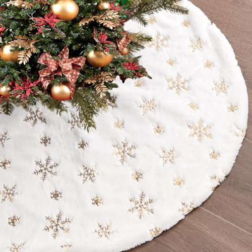MOLHEM White Christmas Tree Skirt with Snowflake Design,90cm Plush Christmas Tree Skirt,Xmas Tree Base Cover, Christmas New Year Party Holiday Home Decorations (Gold,90CM)