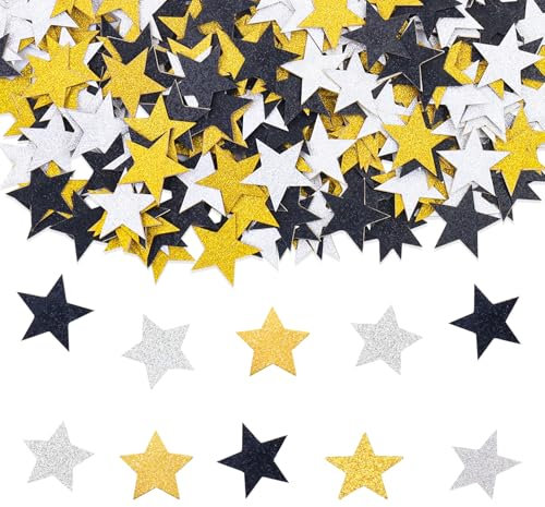 DazzJoy Glitzer Sterne Konfetti Gold Silber Groß, 200 Stk Glitzersterne Streudeko Weihnachten,Stern Tischdeko Silvester,Pailletten Sterne Deko,Schwarz Streusterne Konfetti Geburtstag Hochzeit Karneval