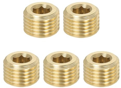 PATIKIL 1/4 inch Male BSP Pipe Plug Internal Hex Thread Socket, 5 Pack Hex Counter Sunk Solid Brass Pipe Plug Fitting Set for Pipe Air Tanks