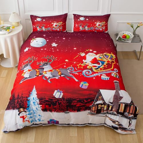 Tabeskly Kids Boy Girl Christmas Xmas Santa Claus Gifts Soft Zipper Bed Bedding Duvet Cover Set Double Red 200×200cm