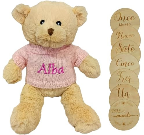 BALÚ Oso de Peluche Personalizado para Bebé Recién Nacido y 7 Placas Cumplemés Grabadas Doble Cara, Regalos Originales para Bebé y Baby Shower, Set de Regalo para Bebé, Osito Peluche (Rosa)
