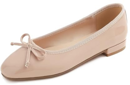 Feversole Women's Square Toe Fashion Flat,Punta Quadrata Tacco Basso Slip On Flats in Pelle vegana Verniciata nudaa 37 EU
