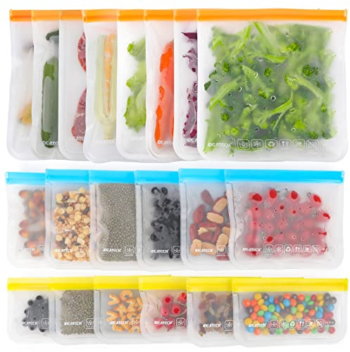 IDEATECH Reusable Food Storage Bags 20 Pack Freezer Zip Large Batch Cooking | Food Grade BPA-Free Resealable Leakproof Dishwasher Safe Plastic Pouches for Sandwich, Soup, Fridge, Travel, Container, Meal