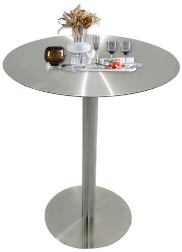 Runder Stehtisch, Küchentisch mit silberner Edelstahlplatte, stabilem Untergestell und rutschfesten Matten, Esstisch für das Bistro zu Hause (Größe: 50 x 50 x 75 cm)