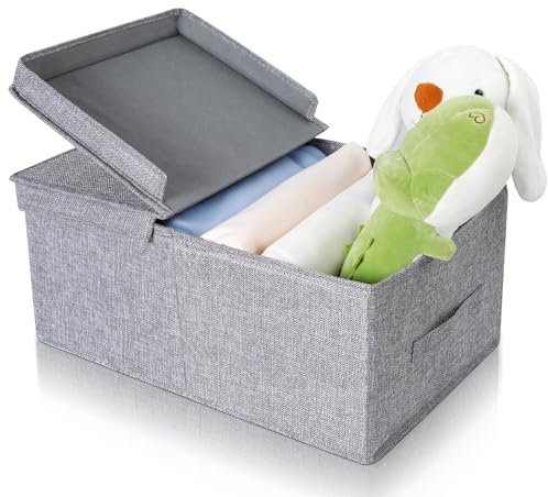 Cozary Caja de Almacenaje con Tapa - Diseño Abatible, 29L Capacidad, Plegable y Apilable, Ideal para Ropa y Accesorios - Gris - 48x29x21cm