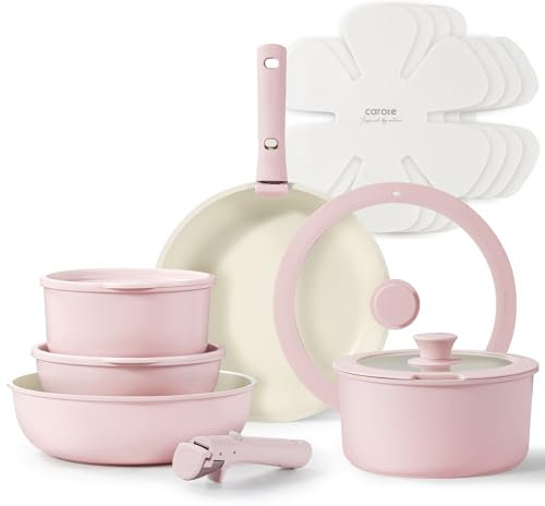 CAROTE Lot de 15 casseroles antiadhésives avec poignées amovibles, compatibles avec plaques à induction, passent au four/lave-vaisselle, sans PTFE/PFOA, Rose