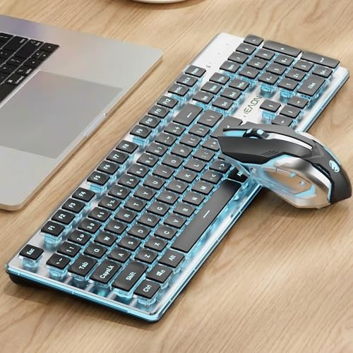 SEUNKWANG EWEADN V3 Wireless Keyboard and Mouse with Blue Backlit, Metal Panel, Bluetooth/2.4G Rechargeable Computer Keyboard and Mouse Combo Silent Lighted Full Size Cordless Keyboards-Black