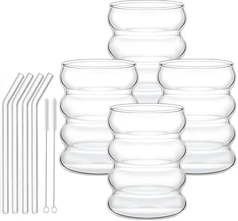 CZCMYAU 4PCS Glass Drinking Cups with Straws 14oz Glassware Set Cocktail Glasses Vintage Ribbed Latte Glass Coffee Mugs Iced Coffee Transparent Drinking Glasses for Milk Juice Tea