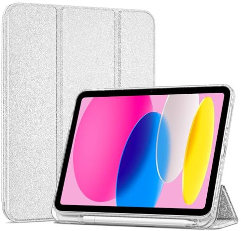 ProCase Funda híbrida de iPad (A16) de 11.ª generación, 11 pulgadas 2025/10.ª generación, 10,9 pulgadas 2022, portalápiz, trasera transparente, admite encendido/apagado automático, plateado brillante