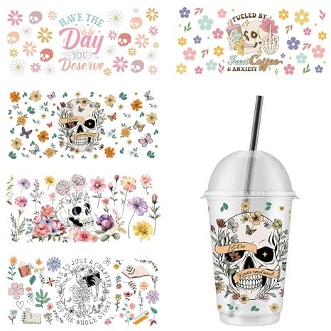UV DTF Cup Wrap Stickers - 5 Sheet Skeleton Rub On Transfer Sticker Skeleton Flowers Butterfly Decals Waterproof Personalized Stickers for Glass Cup DIY Wood Water Bottle Creative Crafts Gifts