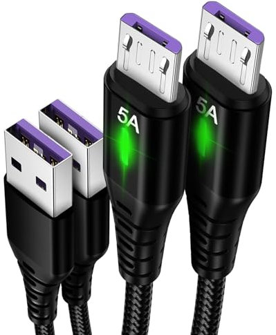 5A 2M Fast Micro USB Charging Cable, 480Mbps High-Speed Data Transfer Charging Cord, Nylon Braided Cord Android Charger Cord for Samsung S7/S6, Huawei, PS4, Kindle, Car/Home/Office Use, 2 Pack