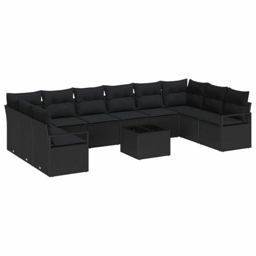 vidaXL Sofa Set mit Kissen 11 pcs Schwarz Poly Rattan, Garten- und Terrassenmodular-Sofa-Set, wetterfest, Bequeme Sitzgelegenheit, Verstellbarer Tisch zum Entspannen