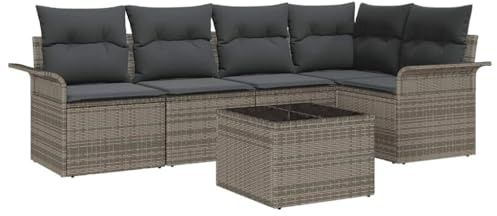 vidaXL Garten-Sofa-Set mit Kissen mit Speicher 6 pcs Grau Poly Rattan, Modulares, modernes Garten-Sofa-Set, flexibel einsetzbare Couch, wetterfeste Möbel für Deine Terrasse