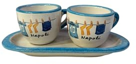 Generico Tazzine in Ceramica Napoli Panni Spasi con Vassoio Fatto a Mano in Italia (Celeste)