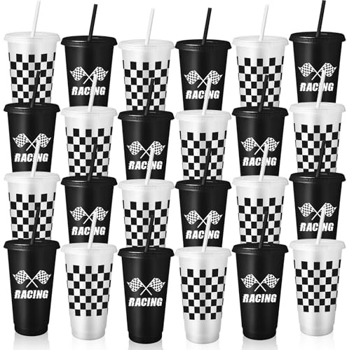 24 Pack Plastic Cups with Lids and Straws, 710ml Chequered Racing Cups | Reusable Black And White Party Cups for Cold Drinks, Motorsport Events, Game Nights, Picnics And Party Favours
