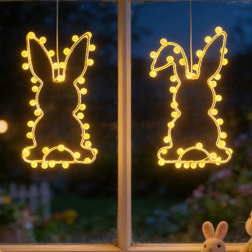 2 Stück Osterdeko Fenster Licht, Osterhase Led Lichterkette Ostern Mit Timer, Hasen Led Osterbeleuchtung Osterdeko Zum Aufhängen, Led Deko Batteriebetrieben, Osterdeko Modern Für Draußen & Innen (E)