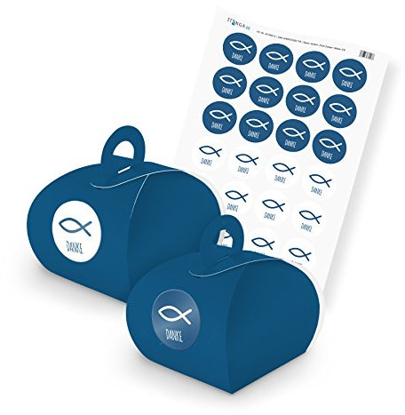 itenga SET Fisch DANKE (Motiv 33) 24x Geschenkschachtel mit Griff blau + Stickerbogen
