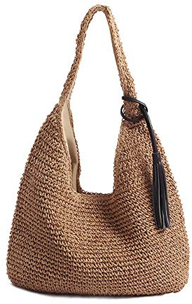 QTKJ Handgewebte weiche große Stroh-Umhängetasche mit schwarzen Quasten, Boho-Strohgriff, Retro-Sommer-Strandtasche, Rattan-Handtasche