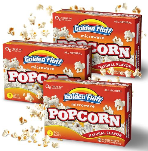 Golden Fluff Microwave Popcorn, Natural Flavour - Pack of 3 x 3 Bags Each (9 Popcorn Bags) (85g) Kosher Pareve, Gluten Free Snacks - All Natural & Easy-to-Prepare Snack