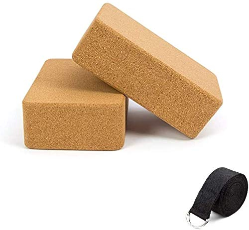 Kork-Yoga-Blöcke, 2 Stück, mit 1 schwarzen Yoga-Gurt, 22,9 x 15,2 x 7,6 cm, hochdichter, massiver Naturkork mit bequemer Kante zur Verbesserung der Balance, Kraft und Flexibilität