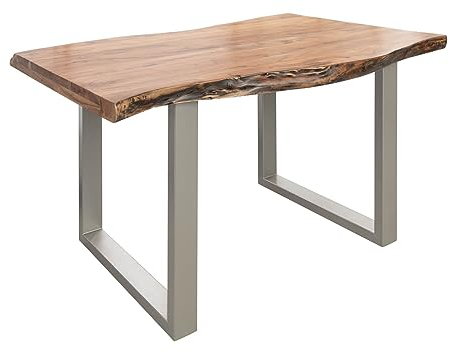 MASSIVMOEBEL24.DE | Freeform 5 Baumkantentisch aus Akazienholz - Natur lackiert | U-Beine in Silber matt | 140x90x77 cm | Massivholztisch Baumkantentisch Esstisch