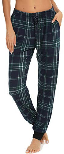 Vlazom Damen Karierte Schlafanzughose Lange Weich Pyjamahose für Frauen Loungehose Freizeithose Yogahose Sporthose mit Taschen(L,Dunkelblau)