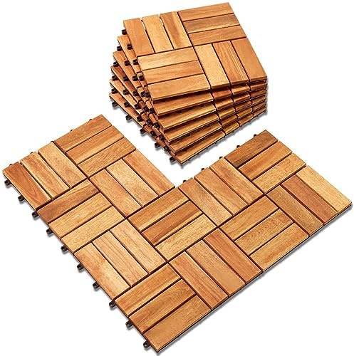 Hardwood Interlocking Patio Deck Tiles (Pack of 10, 12 x 12), Acacia Wood Deck Tiles Interlocking Outdoor, Patio Tiles Outdoor Interlocking Waterproof All Weather(12Slat-Natural Color)