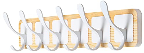 SKOLOO Appendiabiti da parete in legno di pino – Moderno gancio in legno intagliato – con 6 ganci per appendere cappotti, sciarpe, cappelli e altro ancora, naturale e bianco
