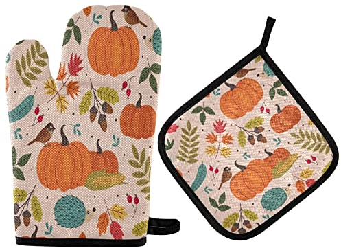 Gants De Cuisine Et Maniques Citrouilles, Feuilles d'automne, Couleur d'automne Gant Cuisine Imperméable Gant De Protection avec Isolation Thermique Mitaines De Pincement pour Cuisson, La Cuisine