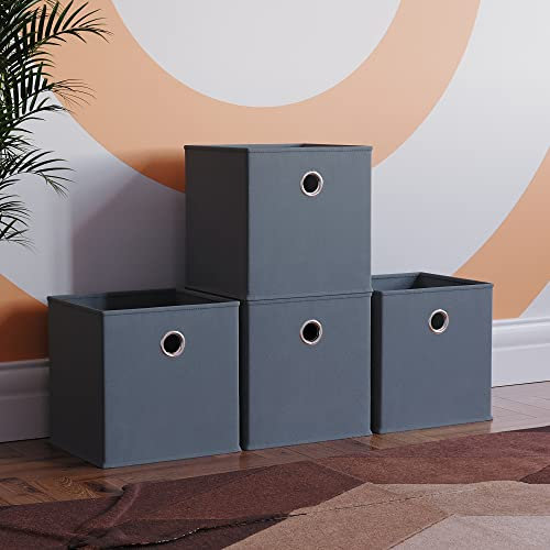 Vida Designs Durham Foldable Storage Cube Baskets Fabric Box With Metal Easy Access Handle Home Organiser (4 Pack, Grey)