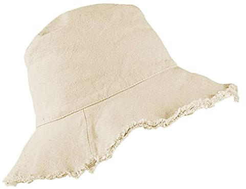 Sombrero de cubeta espaciosa de protección solar con borde acanalado de tela de algodón lavado - Gorra de verano de ala ancha, beige, 56/58 cm
