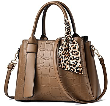 NICOLE & DORIS Damen Handtasche Leder Henkeltasche Tasche Retro Krokodilmuster Designer Schultertasche Frauen Umhängetasche Arbeitstasche Shopper Tote Bag mit Seidentuch Khaki