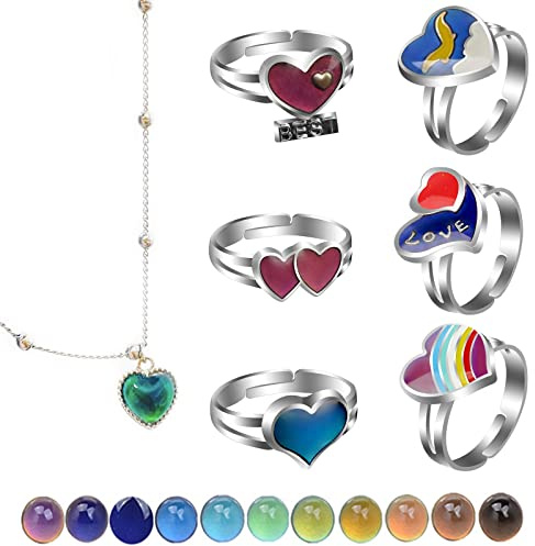 Eterspr 6 st. färgskiftande stämningsringar + 1 st färgskiftande halsband, justerbar stämningsringar, som present, dekoration