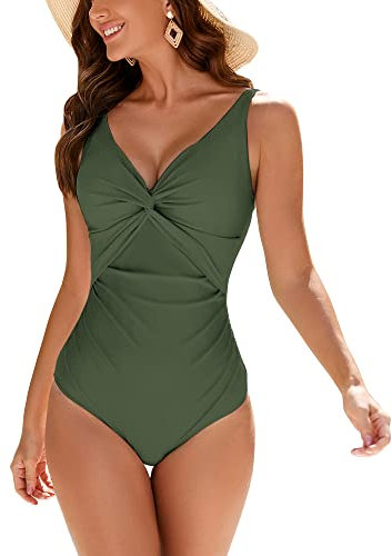WIN.MAX Maillots de Bain Une pièce pour Femmes Maillots de Bain pour Le contrôle du Ventre Push up Maillots de Bain Monokini froncés, pour Cupule D à G (Vert foncé,FR40)