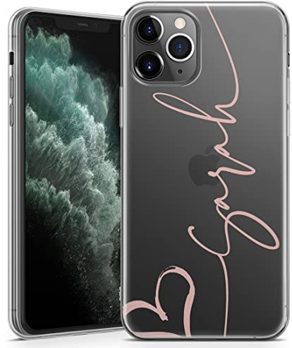TULLUN Personalised Phone Case for iPhone 12 Pro Max - Clear Soft Gel TPU Custom Cover Hearts Design Individual Style Initials Text - Rose Gold Vertical Name