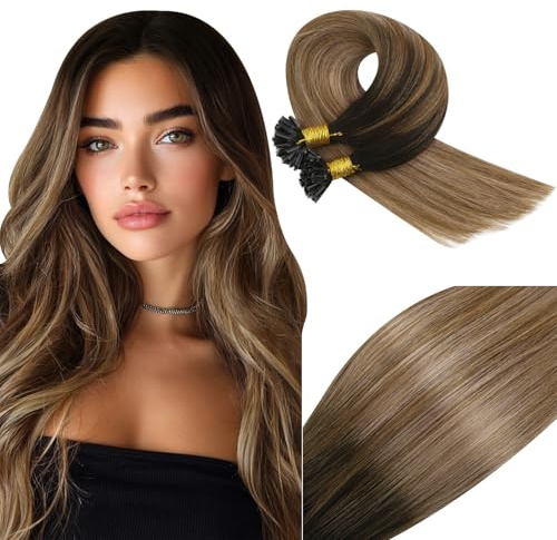Vivien U Tip Hair Extensions Human Hair Ombre Brown U Tip Human Hair Extensions Dark Brown to Medium Brown with Ash Blonde Nail Tip Human Hair Extensions Pre Bonded 50g/50s 14 Inch #2/6/18