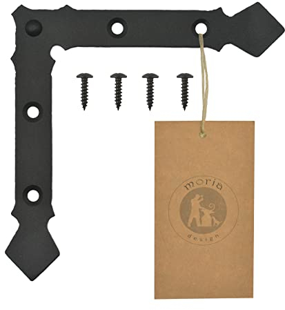 MoriaDesign Rustikal Ecken für Fensterladen -150 x 150 x 2 mm - Schwarz MattPulverbeschichtet Schmiedeeisen - Dekorative Ecke für Gartentore, Holztüren, Holztore und Fensterläden