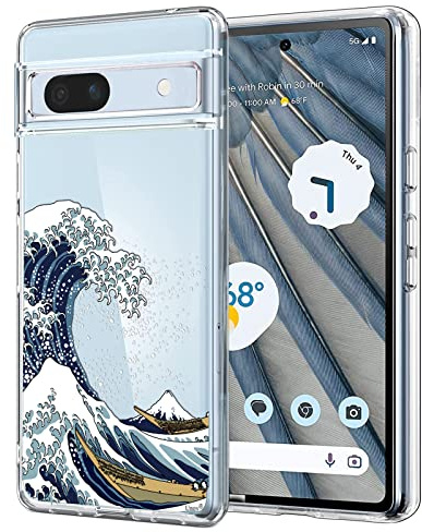 Unov Hülle für Pixel 7a Kristallklare Handyhülle, Stoßfest Schlanke Dünn Griff, Klar mit Geprägtem Muster, UV-Schutz, Kompatibel mit kabellosem Laden, Weiche TPU, Große Welle