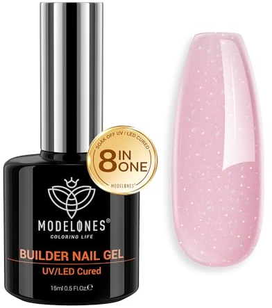 modelones Aufbaugel FüR GelnäGel,8 in One Builder Gel für Nägel, UV/LED-Nagellack,UV Gel zur Nagelverlängerung und Modellage,Nail Art Gel Nagel,Farbgel für Gelnägel 15ML (Glitzer Rosa)