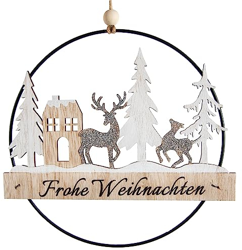 Logbuch-Verlag weihnachtlicher Türkranz Wand Anhänger Frohe Weihnachten aus Holz Ø 20 cm Natur Silber weiß