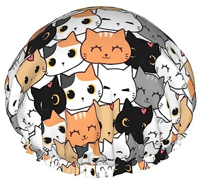 Cute Animal Cat Print Shower Caps Bath Cap For Women Adjustable Double Layer Hair Protection Spa Salon Shower Hat