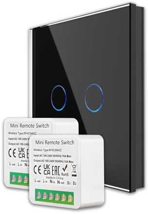 Funk Touch Lichtschalter zum Nachrüsten für Lampen ohne Schalter, Fernbedienung, RF433, Keine Verkabelung Erforderlich, SmartHome Funkschalter mini Modul Unterputzdose (Set 2 Empf.+Seriensch. Schwarz)