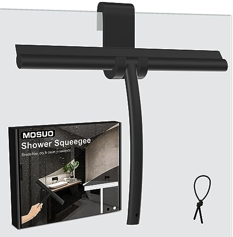 MOSUO Duschabzieher, Abzieher Dusche Silikon mit Halterung ohne Bohren, Abzieher mit Edelstahl-Kern für Fensterabzieher, Badezimmer, Spiegel, Glas-Reinigung, Fliesen, Autofenster (Schwarz 28CM)
