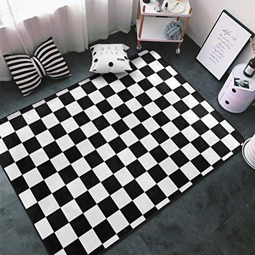 TEMLAN Zielflaggenrennen Teppiche Gegend, Schwarz-Weiß-Gitter Flauschiger Teppich für Küche und Balkon Dekor Schlafzimmer Wohnzimmer Bodenteppich 120 x 180cm