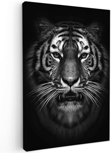 MuchoWow© Impression sur Toile Photo Peinture 40x60 cm Tableau Decoration Murale Chambre Salon Maison Deco Cuisine Tigre - Animaux - Noir - Blanc - Portrait - Vie sauvage